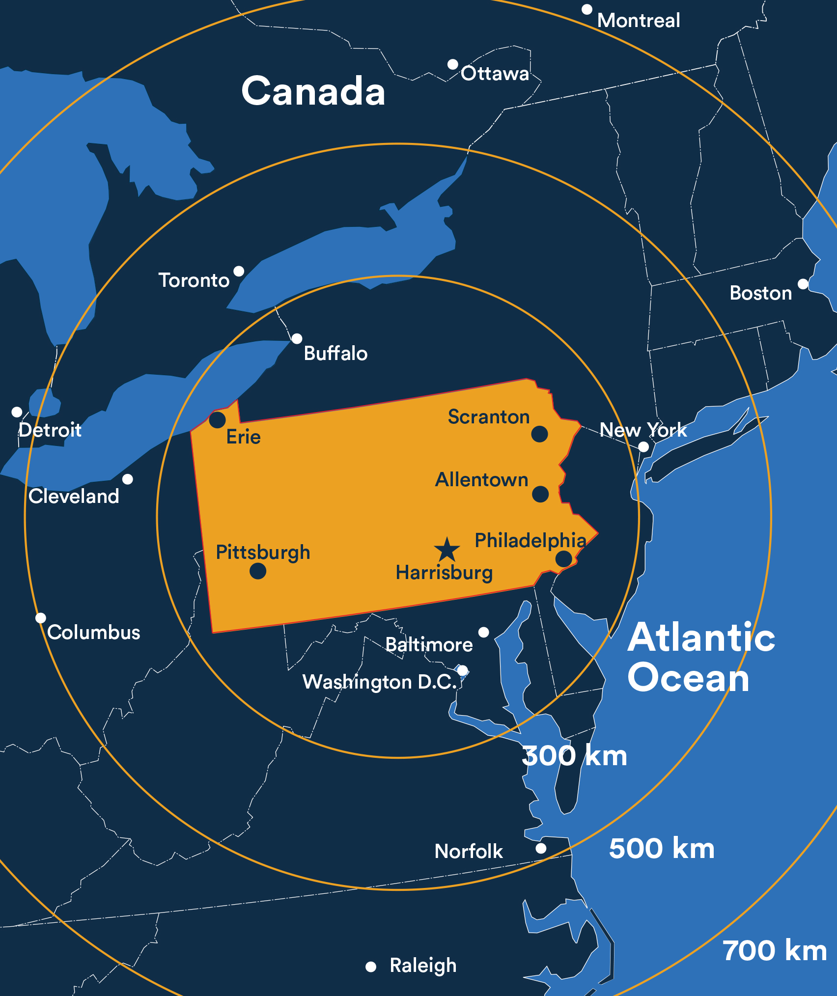 A map showing Pennsylvania relative to other East Coast states and Canada, with the placement of major cities noted.