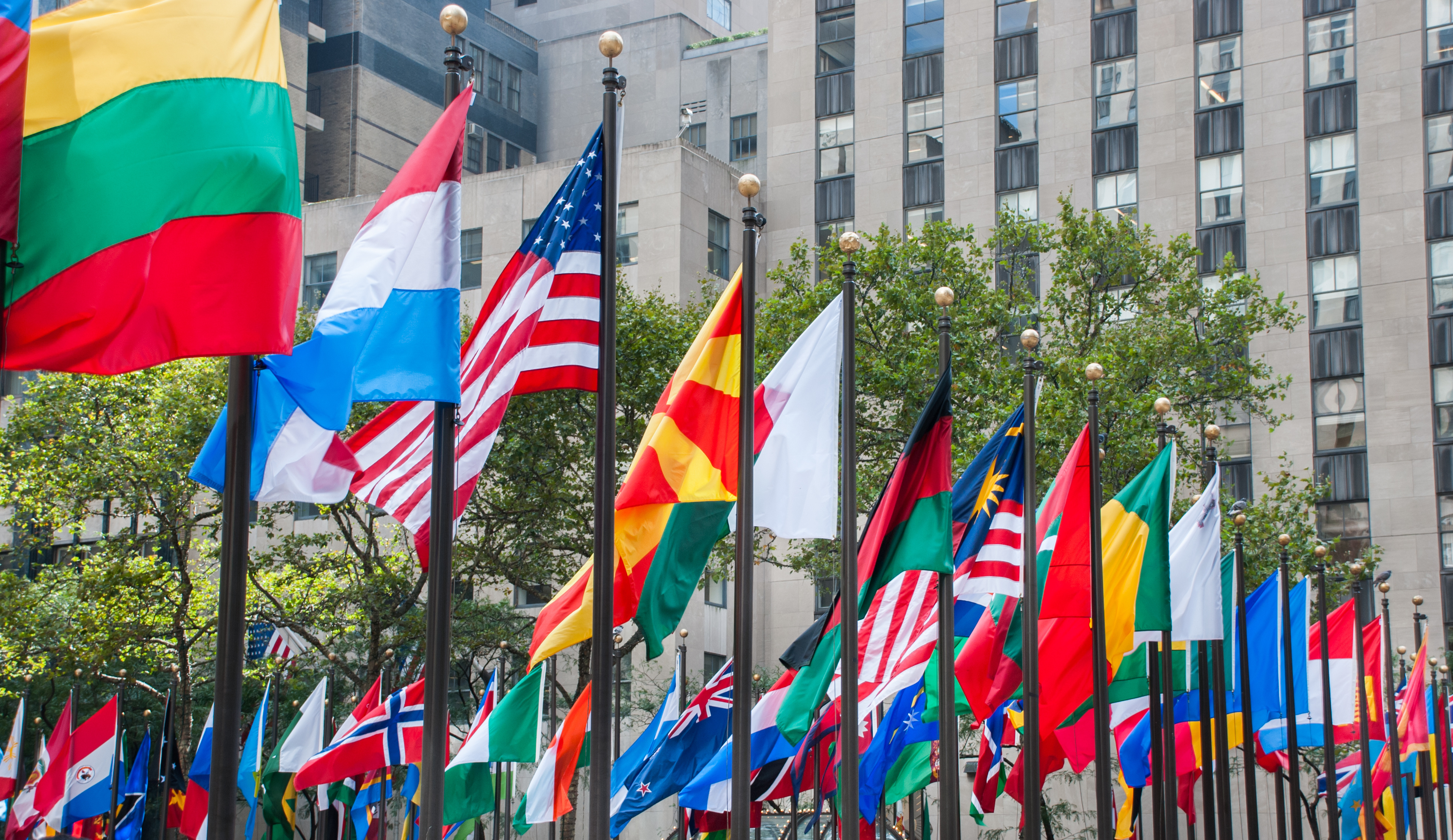 Flags from countriess around the world stand outside the United Nations building