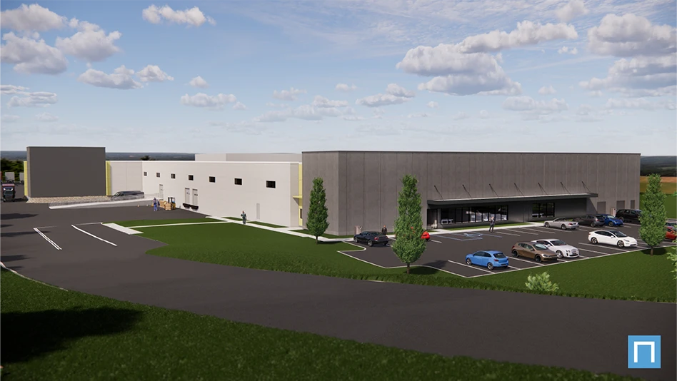 A rendering of an industrial building near Pittsburgh, on a sunny day.