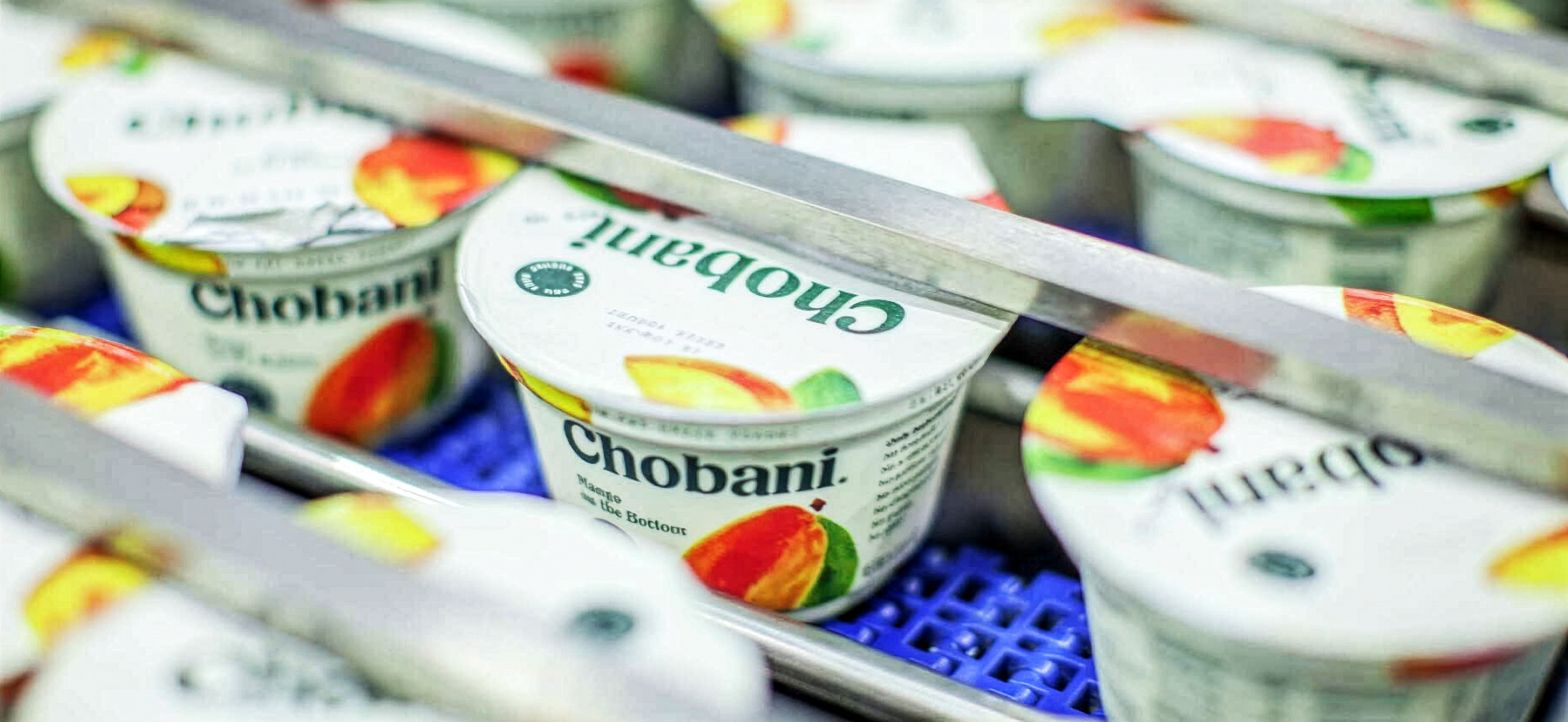Machinery moves Chobani yogurt cups through a production line.
