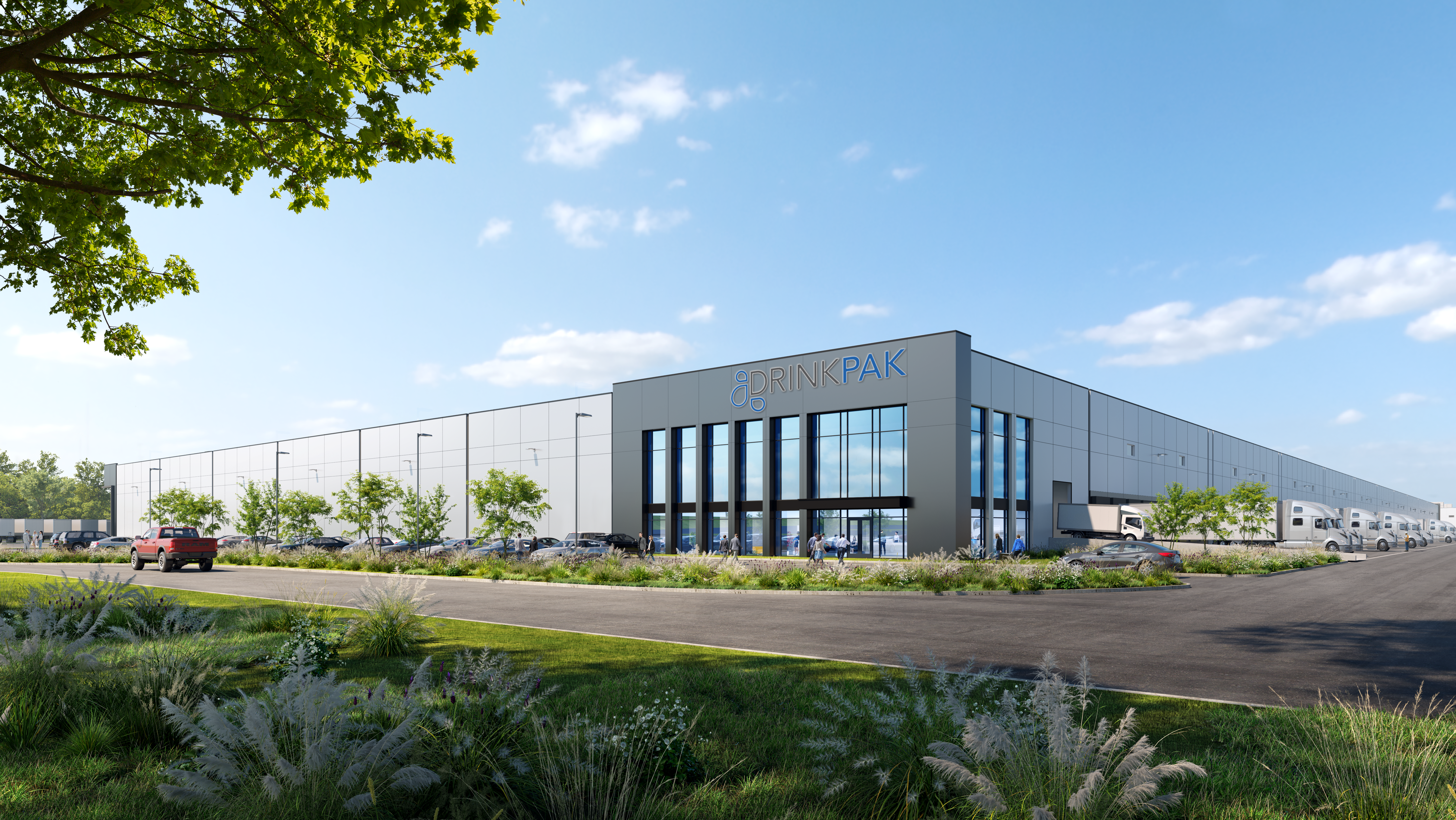 A rendering of a modern industrial facility exterior on a sunny day