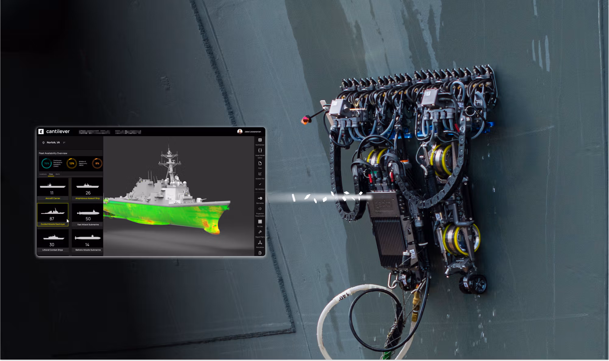 A rendering of a small robot climbing up the siding of an industrial surface. A decorative illustration of a computer program monitoring the robots activities is visible.