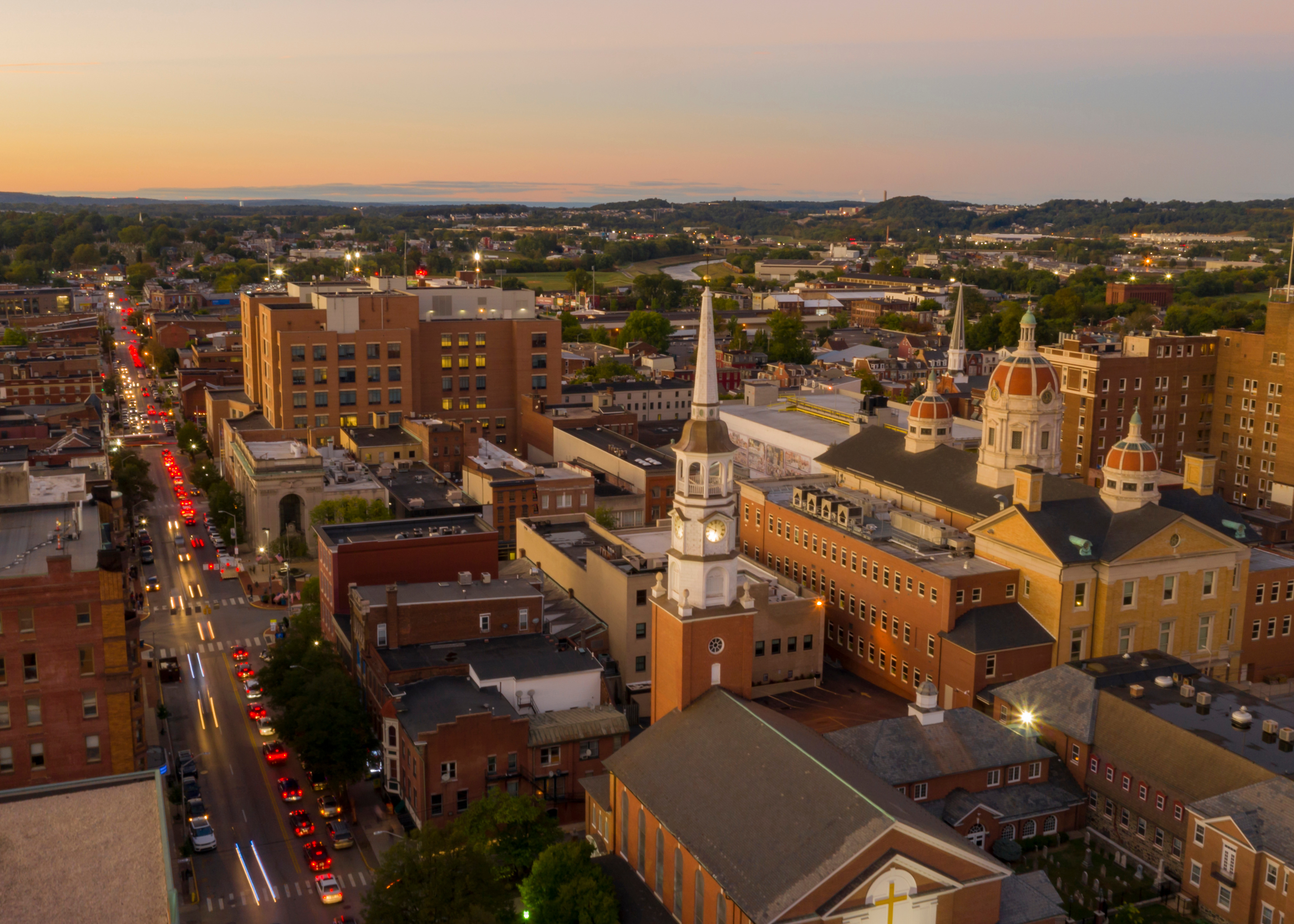 Traffic is backed up at the stop lights on main streets in York, Pennsylvania