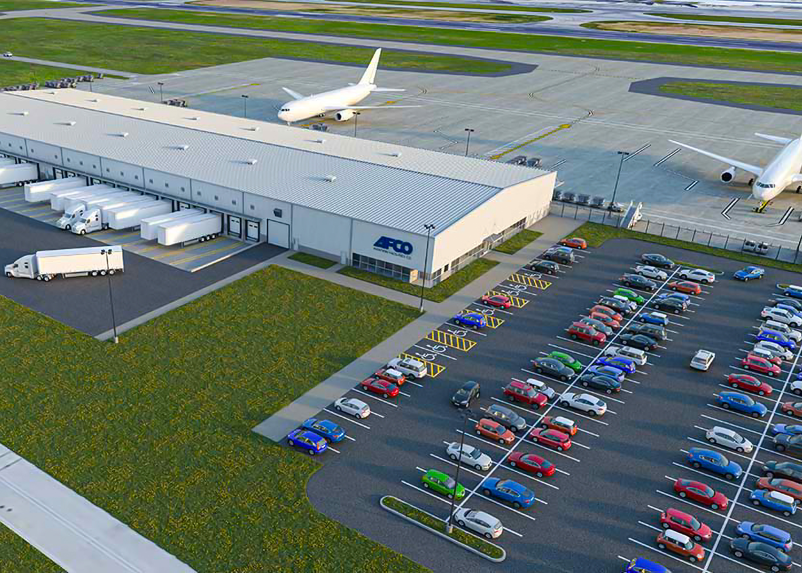 Airport cargo terminal with aircraft and parking