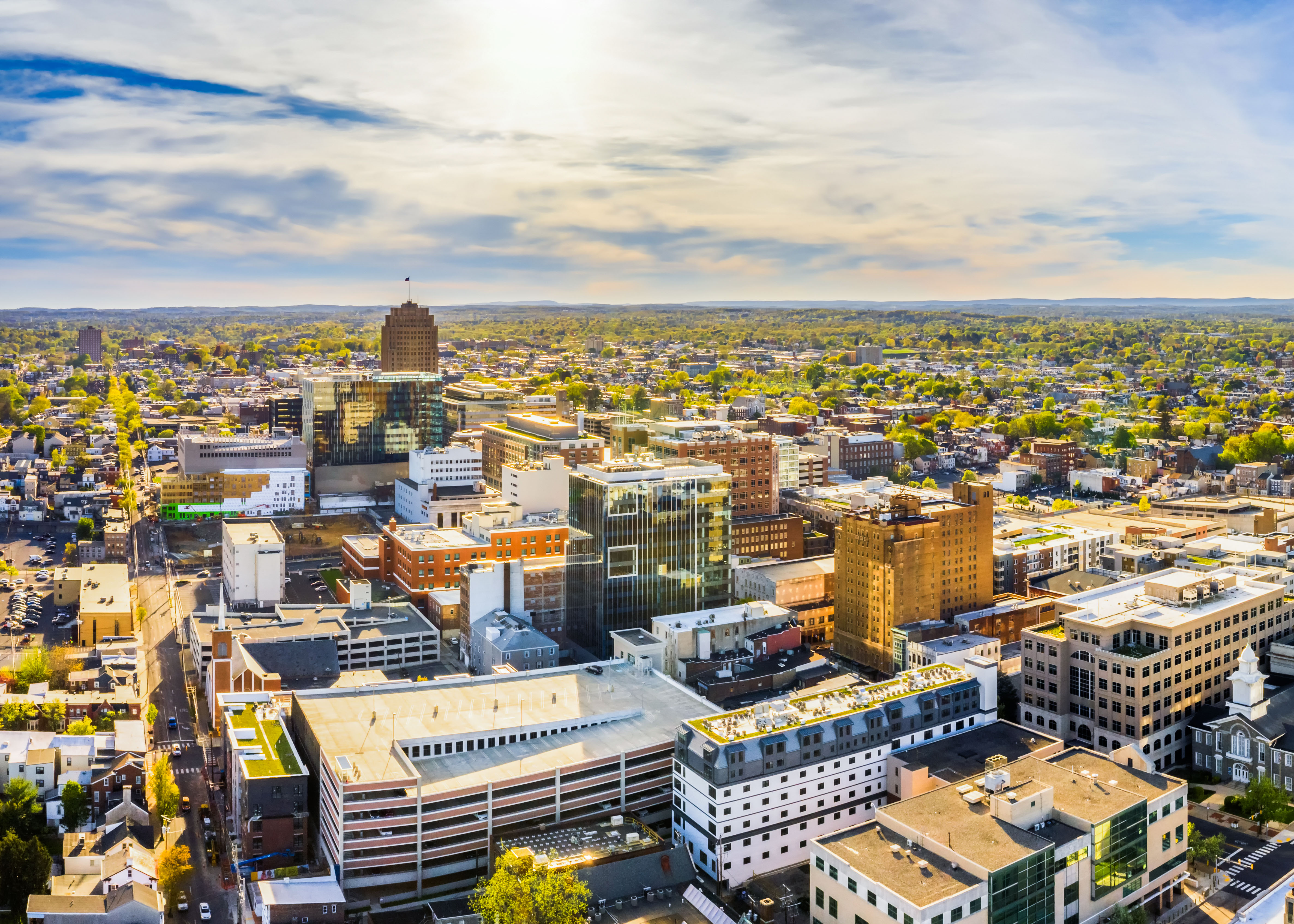 Aerial panorama of Allentown, Pennsylvania skyline on late sunny afternoon. Allentown is Pennsylvania's third most populous city.