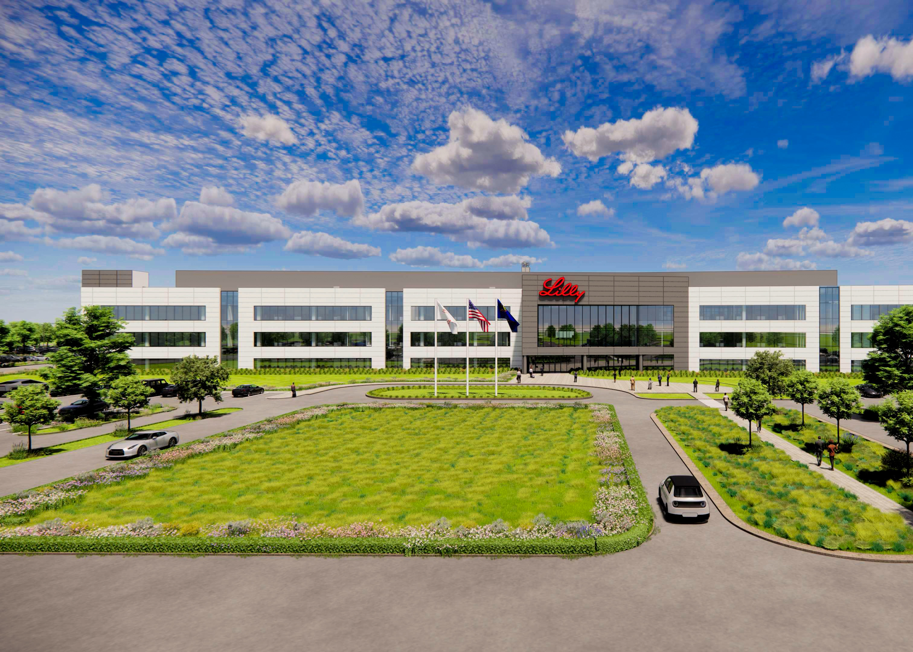 Modern corporate campus with landscaped grounds