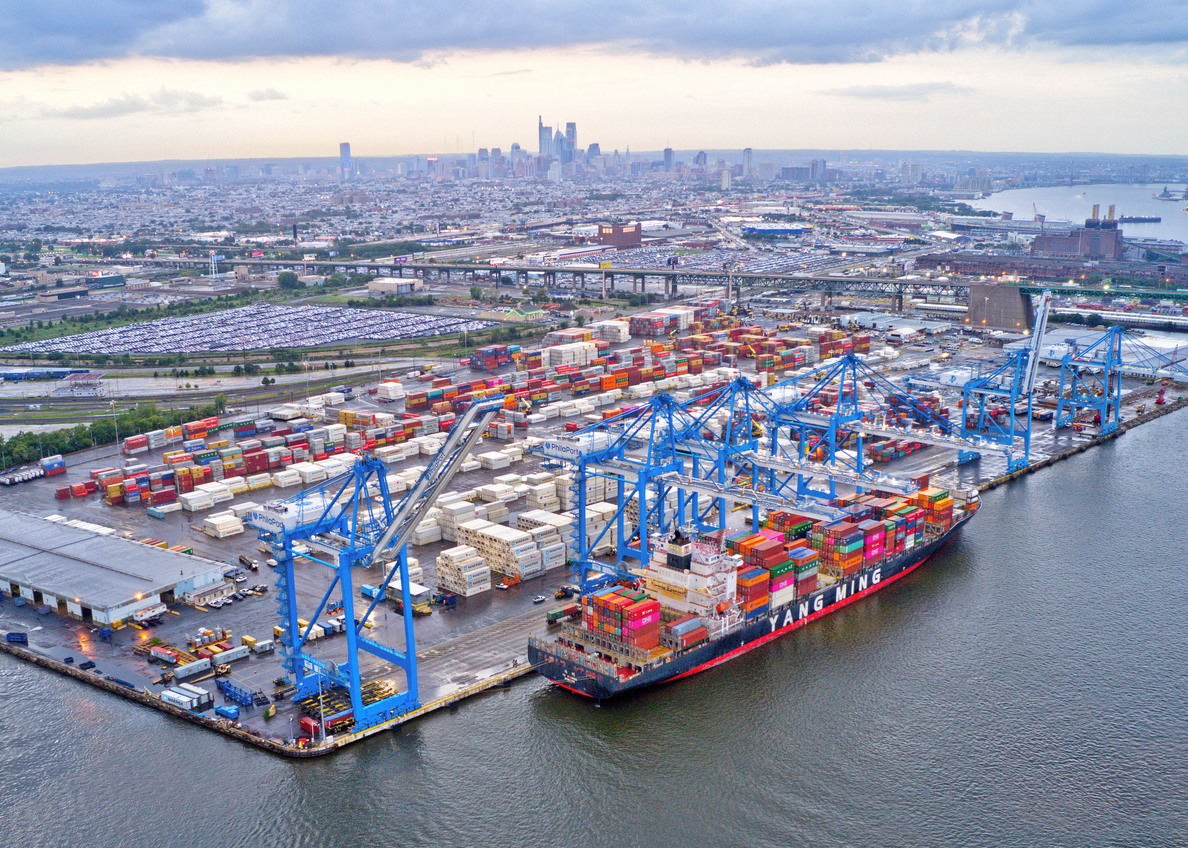 Aerial View of Cargo Ships at Port of Philadelphia