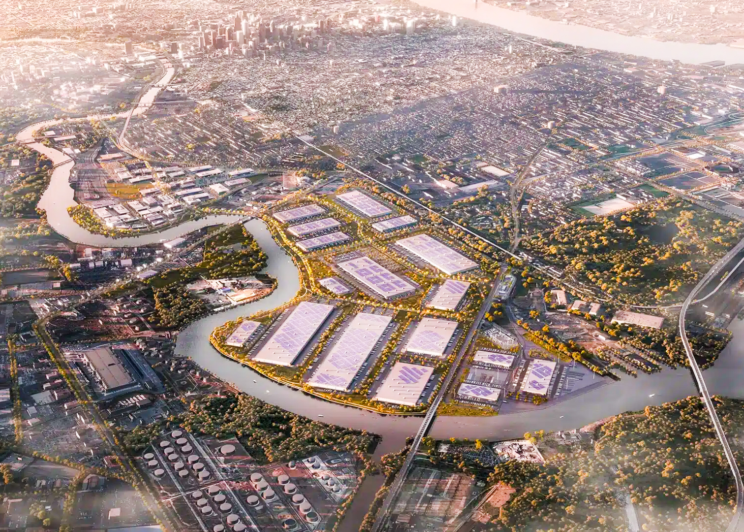 Aerial view of modern industrial river district