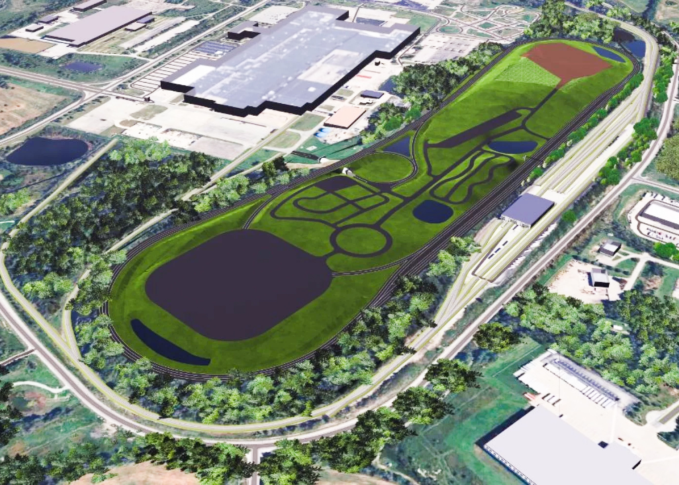 Aerial rendering of large test track facility