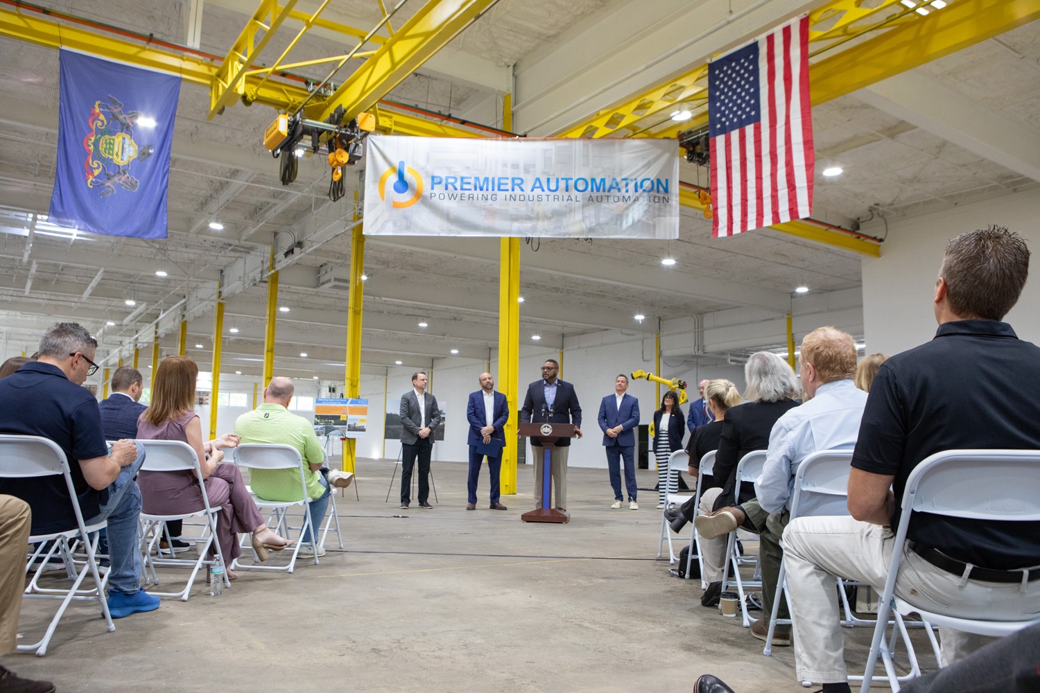 Pennsylvania Lieutenant Governor Austin Davis speaking from a podium at Premier Automation