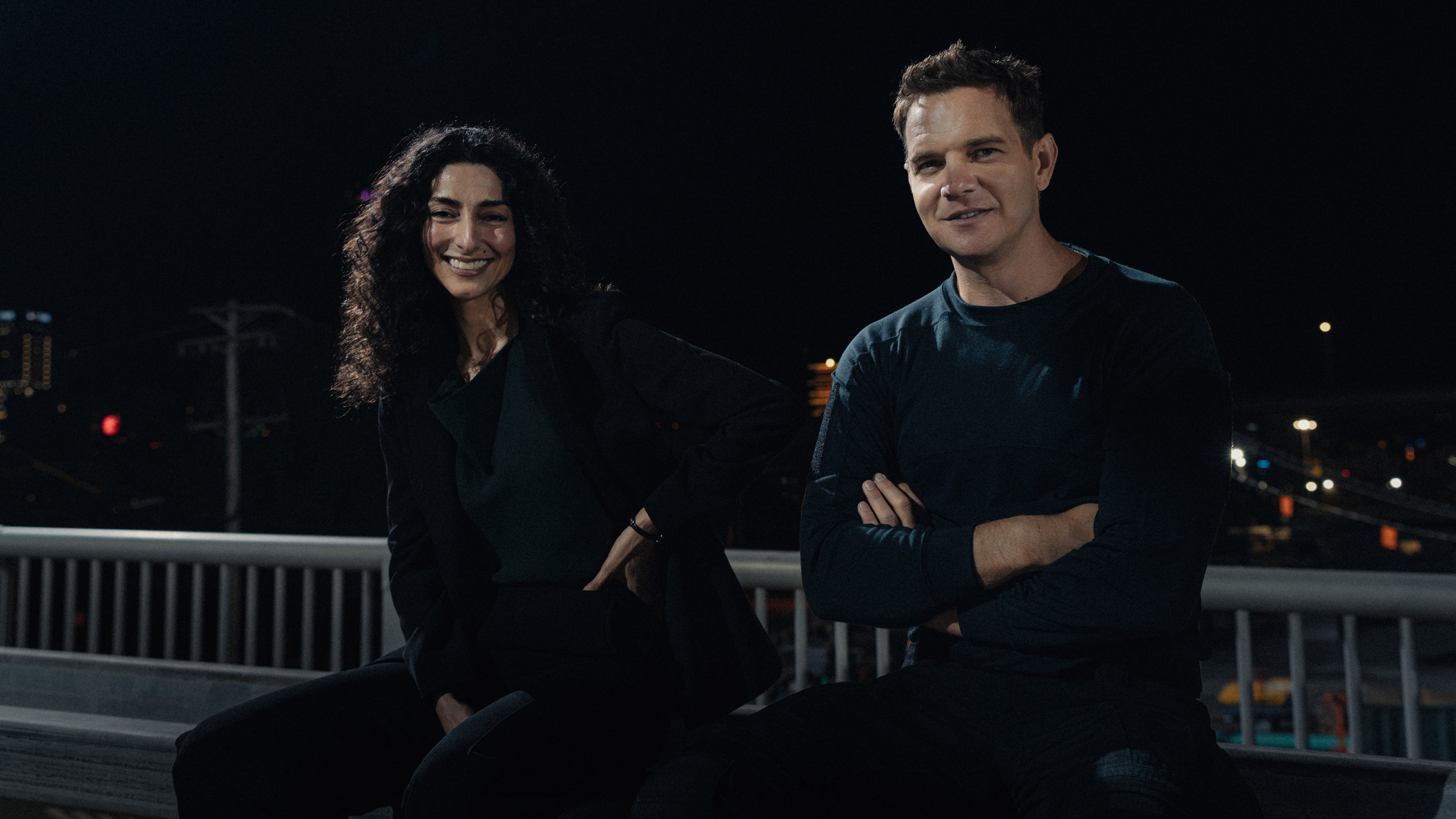  Necar Zadegan as Evelyn and Taylor Handley as Kyle McLusky on the set of episode 10, season 3 of Mayor of Kingstown