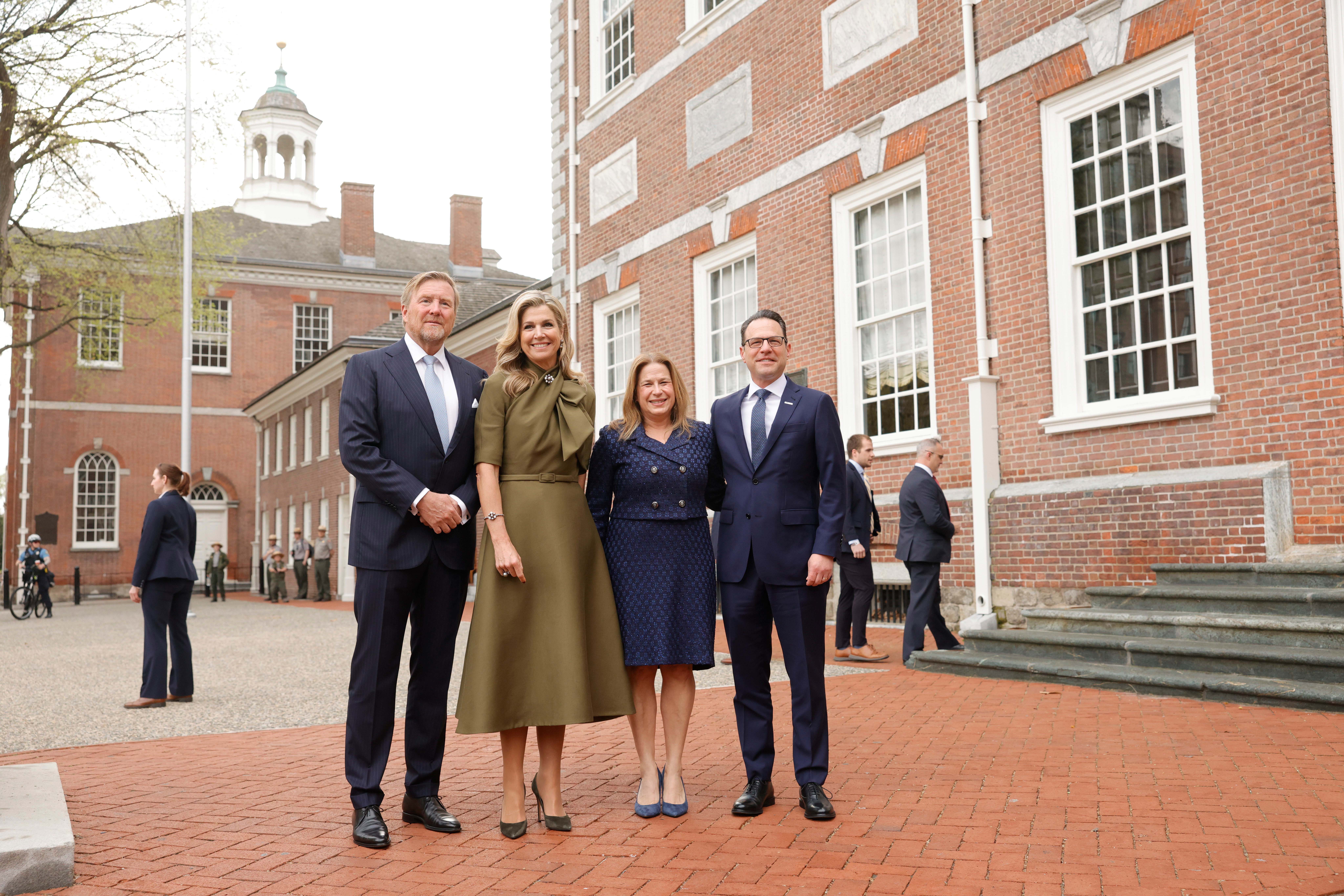 Governor Shapiro and his wife pose for a photo with the King and Queen of the Netherlands outside Independence Hall