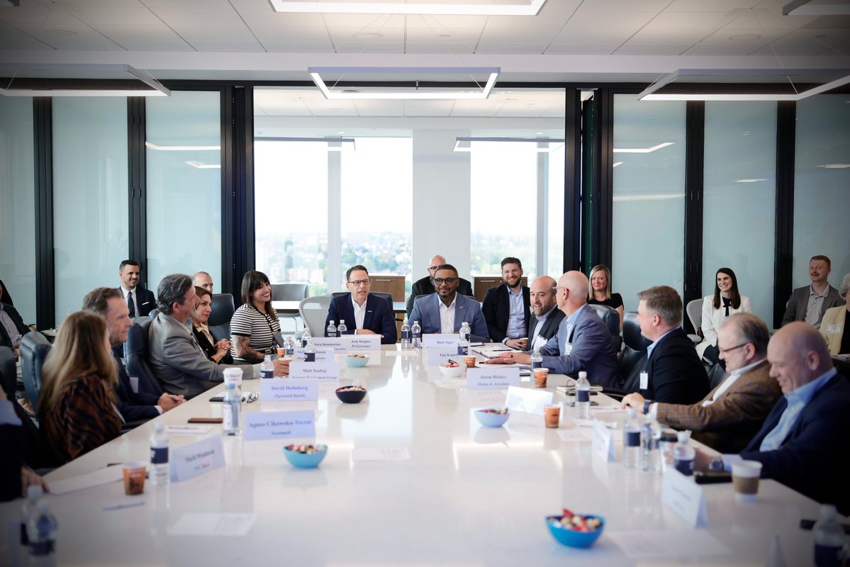 Gov. Josh Shapiro and Lt. Gov. Austin Davis speak during a CEO roundtable in Pittsburgh