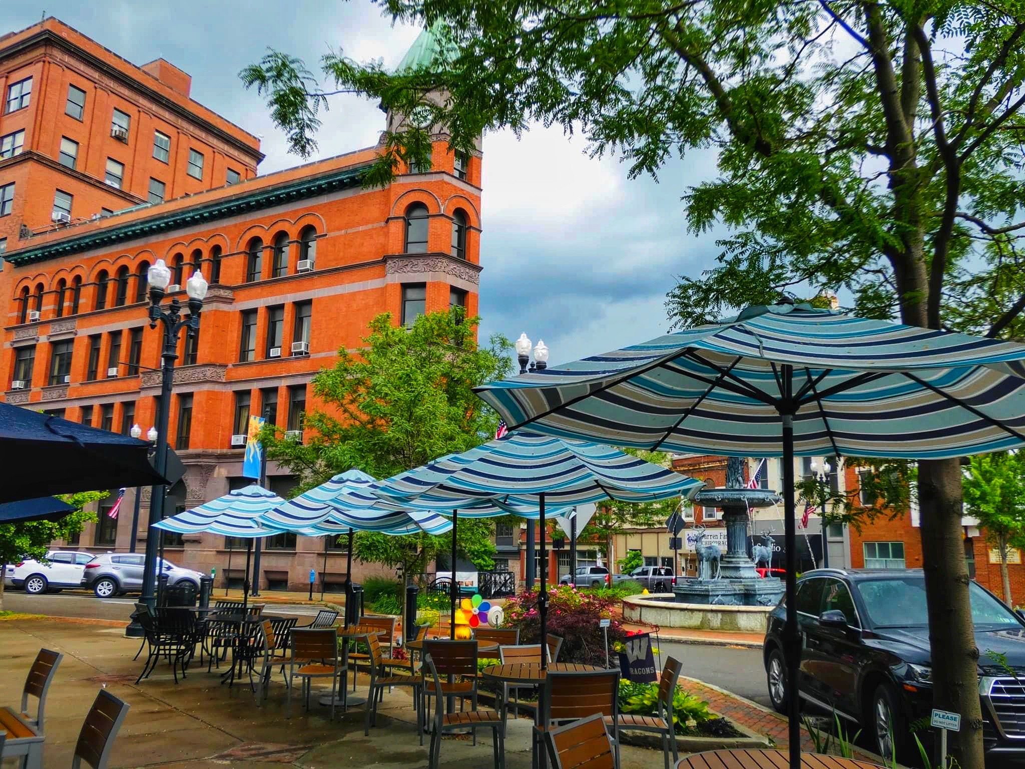 An outdoor cafe patio in a historic Pennsylvania town on a cloudy day