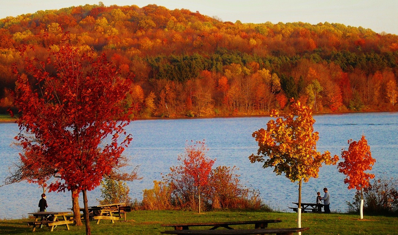 A hill covered with fall-foliage on the far side of a river, during sunset.